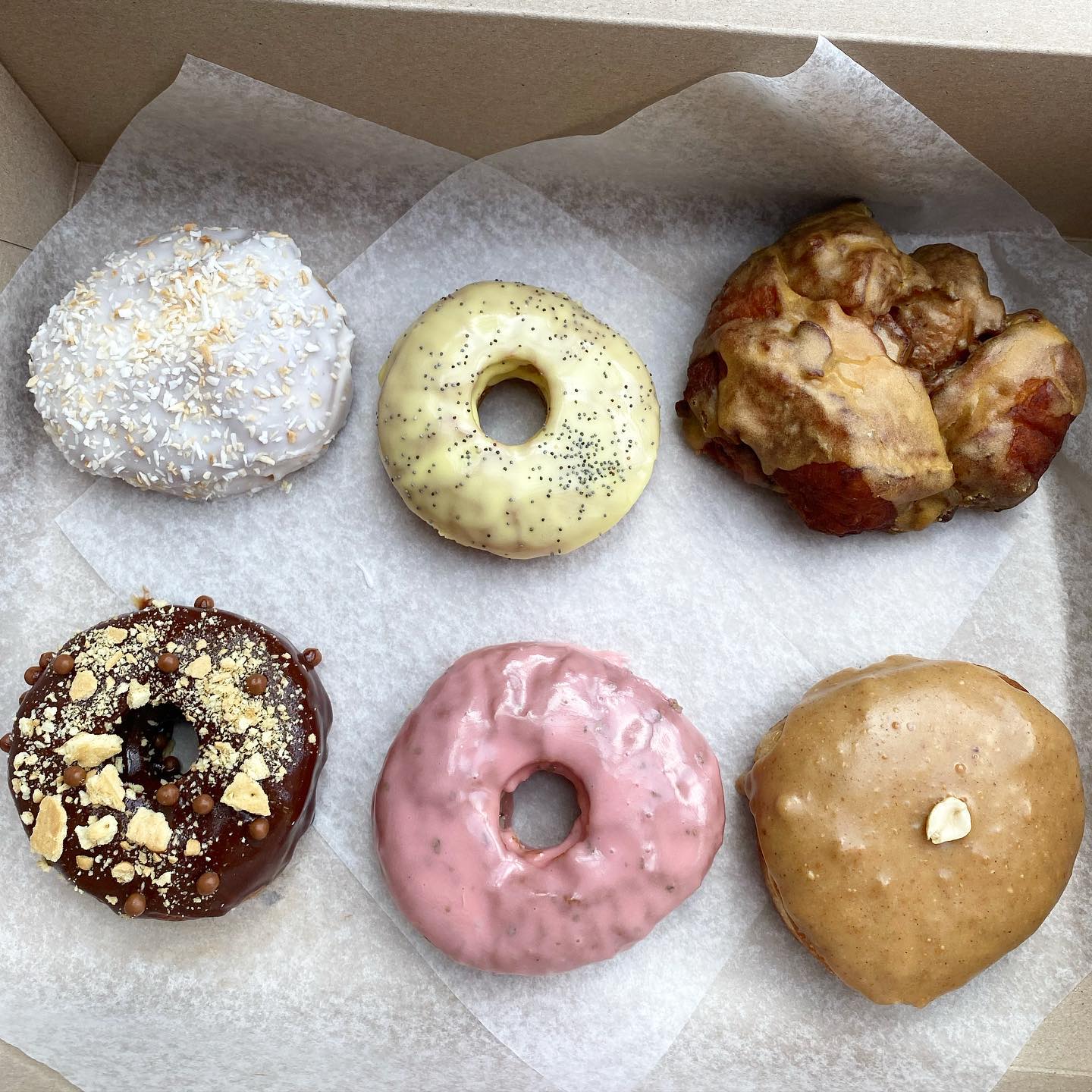 Six hand made doughnuts from a Ritual Doughnuts subscription