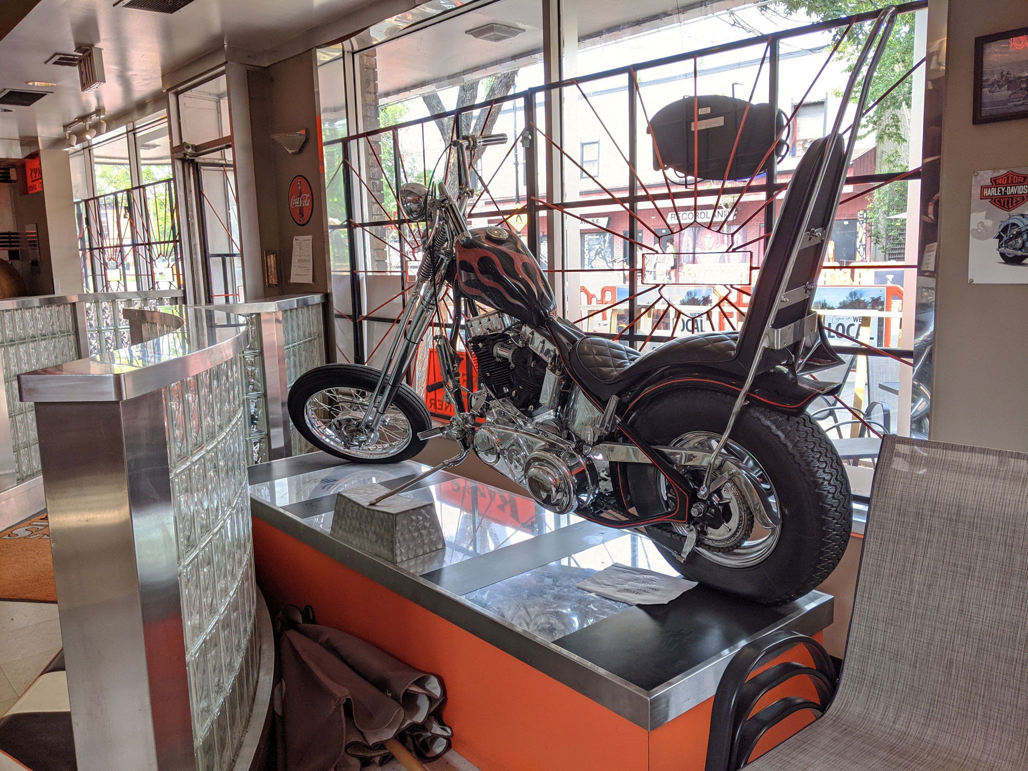A Harley Davidson motorcycle at one of Calgary's Old-Fashioned Diners