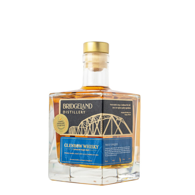 A bottle of Bridgeland Distillery's new single malt whisky, Glenbow Whisky.