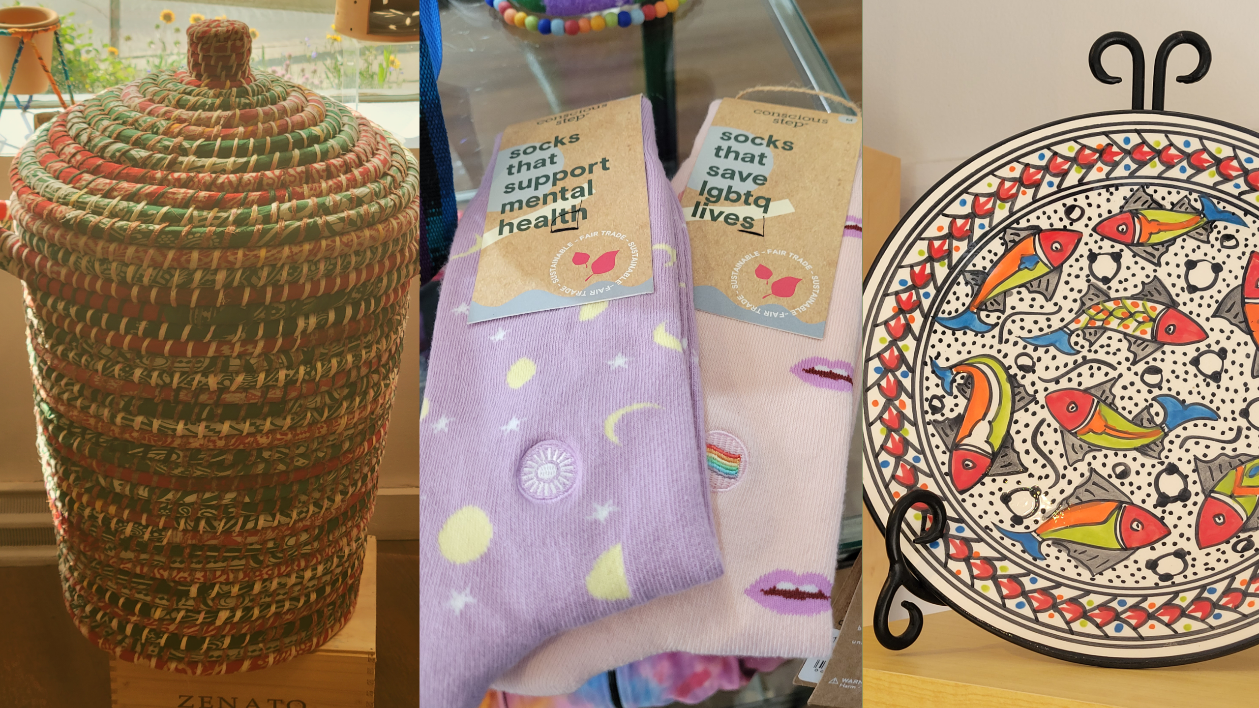 An assortment of hand crafted items and socks that support LGBTQ+ initiatives available at Villages Calgary