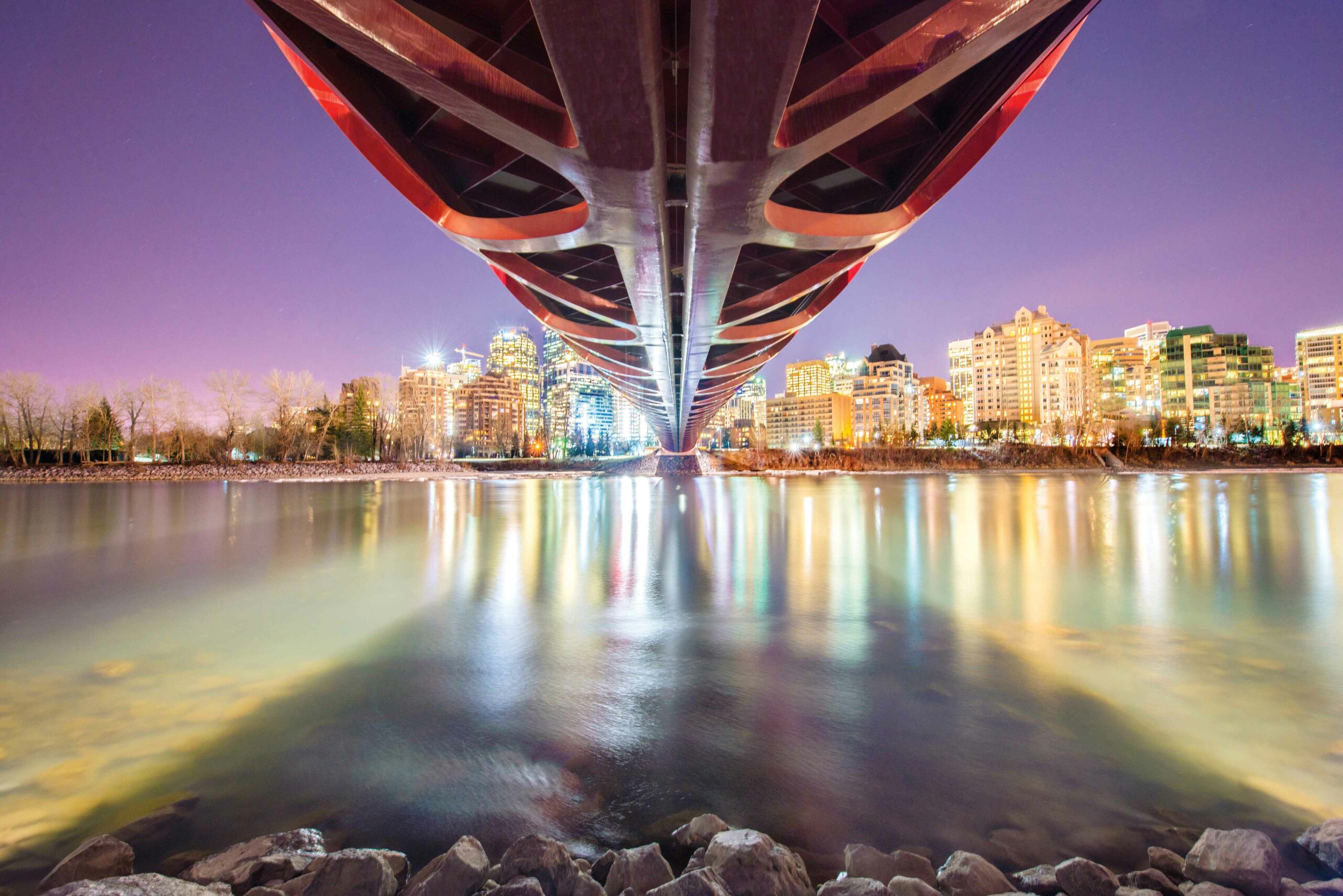 A nighttime shot of the Peace Bridge from underneath the bridge. This is a unique angle for this popular photo op in the city.
