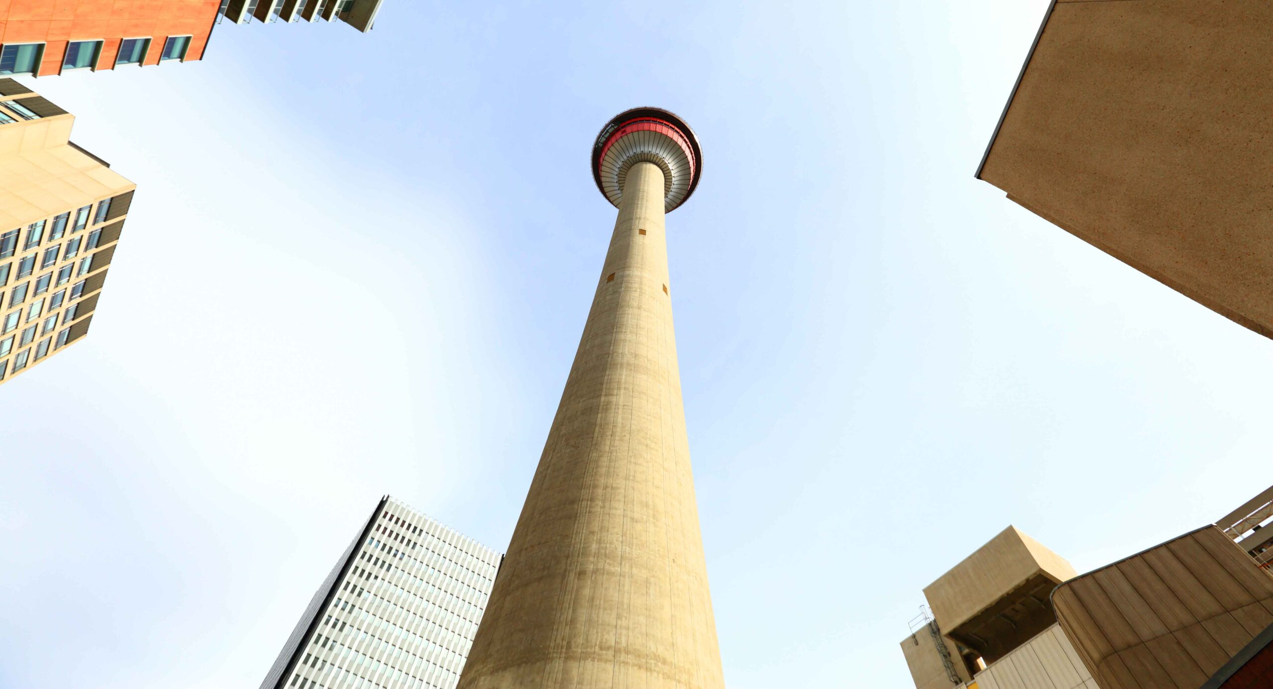 Looking up at the Calgary Tower. If you climb the staircase, you will find one of Calgary's hidden secrets in an art gallery. 