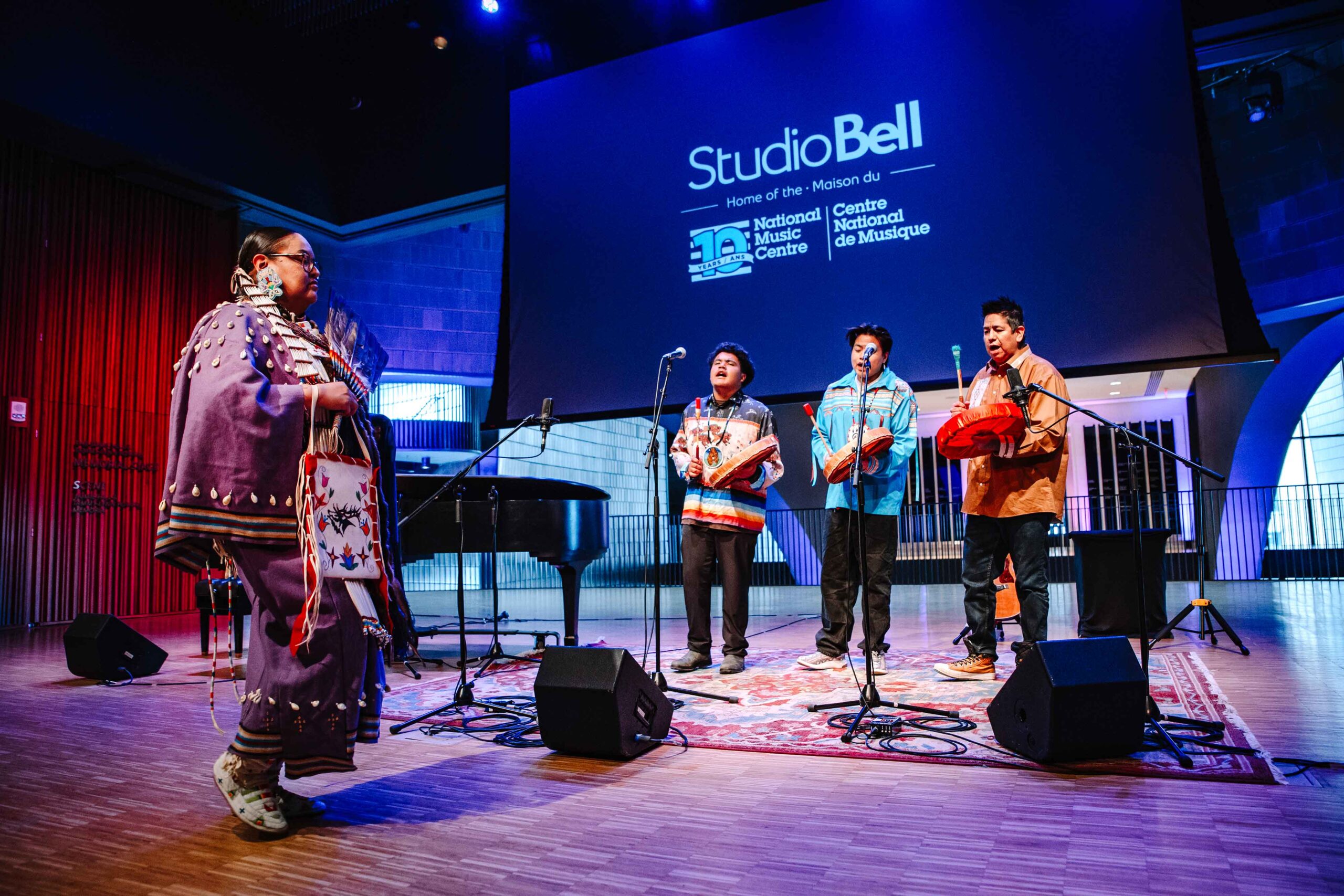 Eya-Hey Nakoda played the ceremonial first sound in Studio Bell when it officially opened 10 years ago. They played again at the 10 year anniversary. Photo by Jarrett Edmund